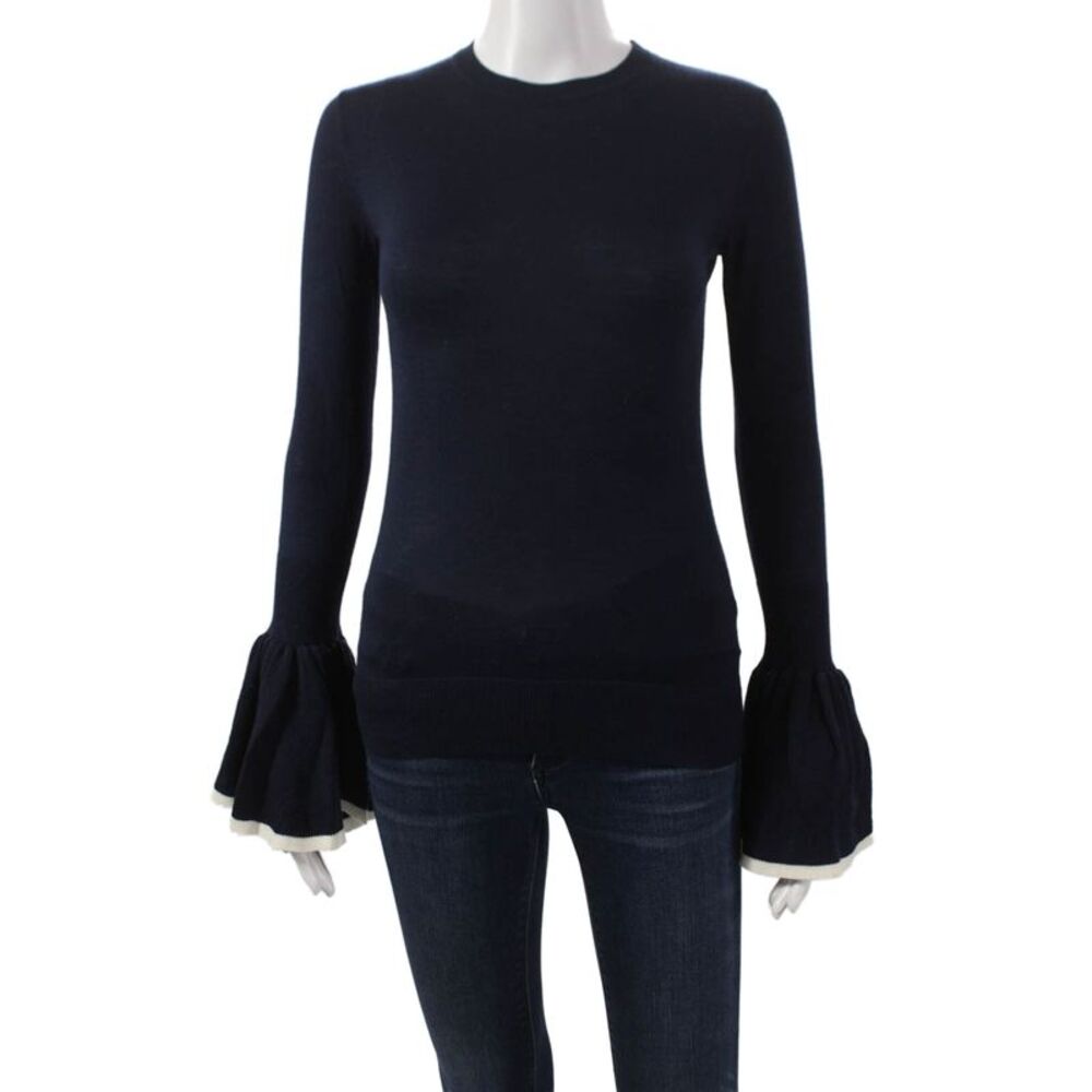 Adam Lippes Women Merino Wool Blue Pullover Long Sleeve Round Neck Size XS